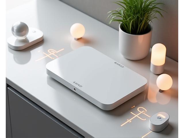Sleek smart home hub on a modern kitchen counter connecting various devices
